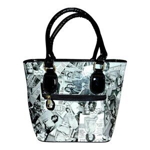 Michelle Obama Magazine Collage Handbag Purse Black Patent Handles Gold Accents‎